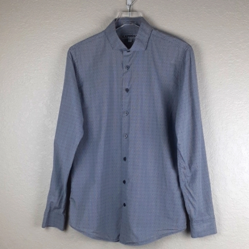 Men's Express Grey Plaid w/White and Grey Mini Polka Dot Button Up Dress Shirt